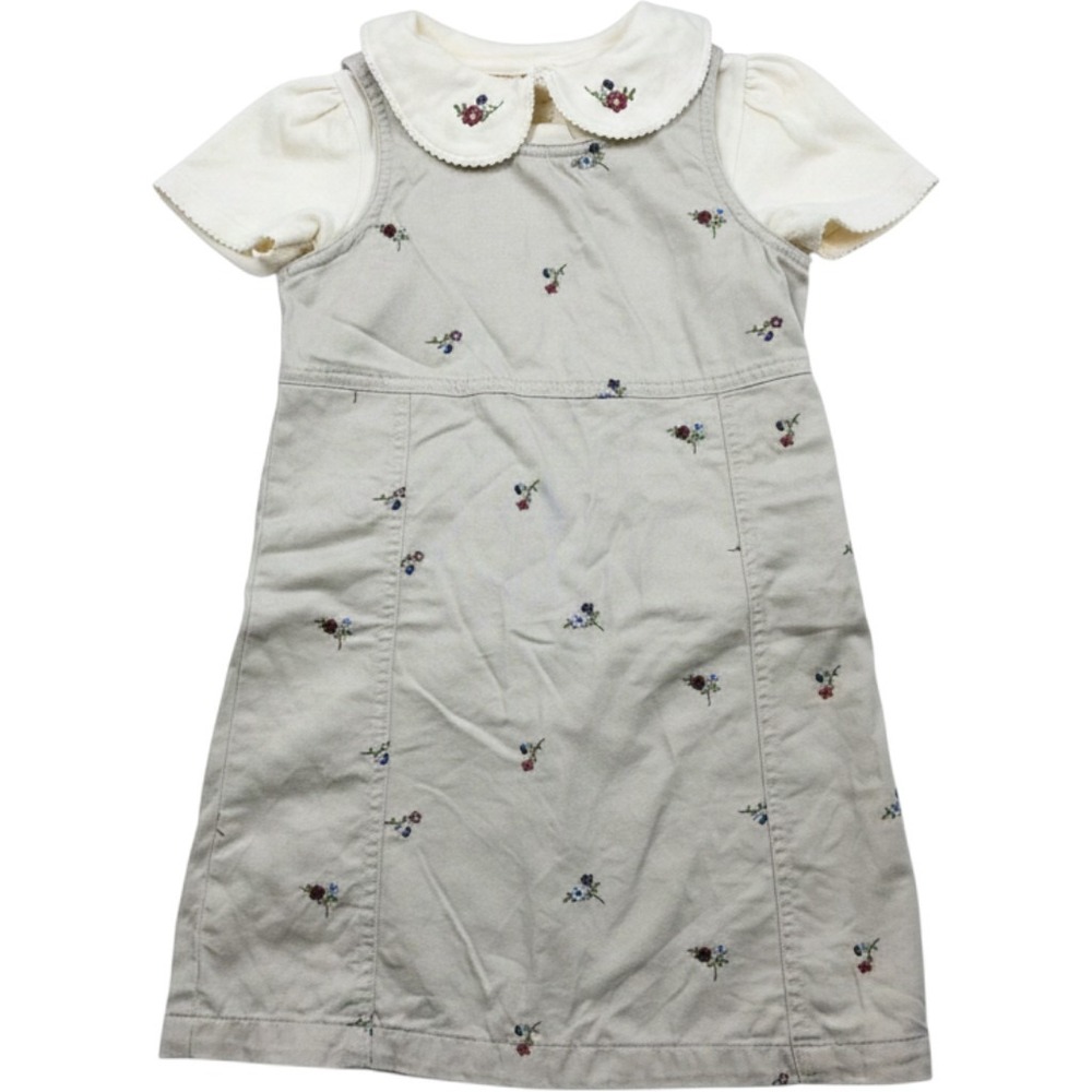 McKids Girls 4 Tusk Beige Floral Embroidered Jumper Dress Set Peter Pan Collar